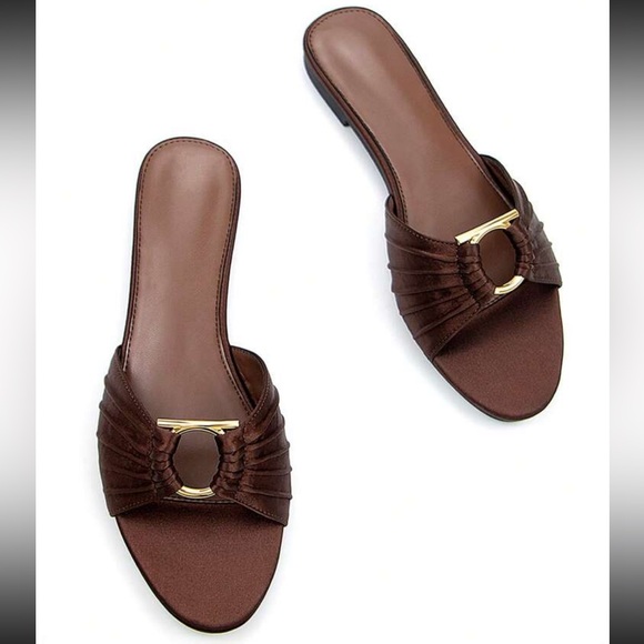 Brown satin gold o ring detail sandal slides - Picture 3 of 3